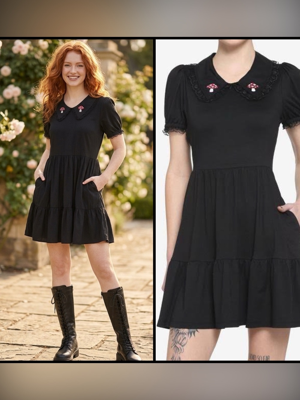 Hot Topic Whimsigoth Mushroom Lace Collar Babydoll Black Tiered Mini Dress XL